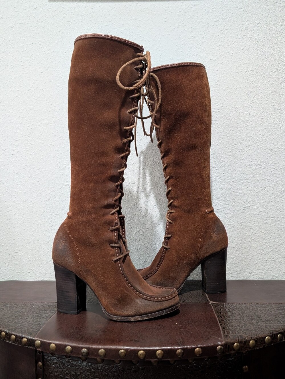 FRYE Parker Moccasin Lace Up Tall Knee High Zip Brown Suede Leather Boots - Picture 3 of 16